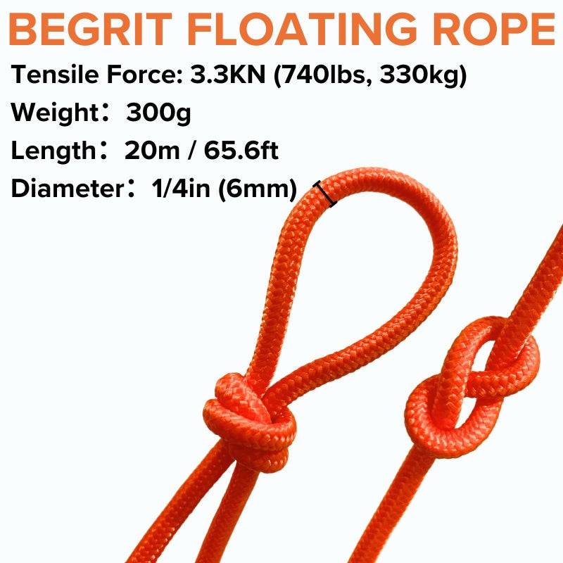 BeGrit Floating Rope 1/4" X 65.6' Polypropylene Anchor Rope for Kayak Canoe Tow Throw Line with Carabiner - Boat Camping Hiking 6mm x 20m - Image 3